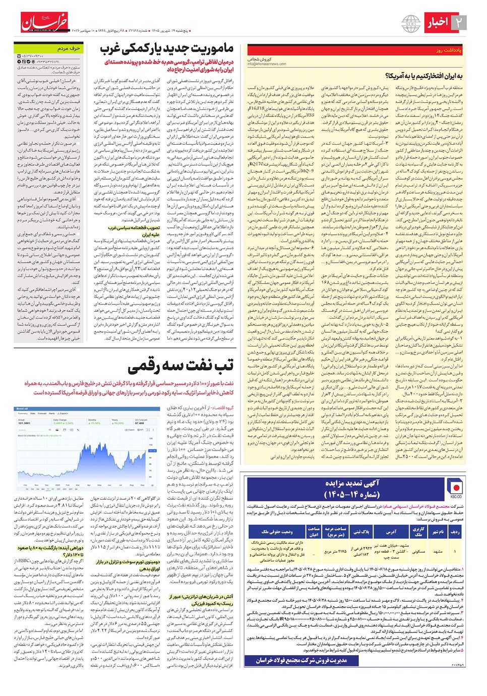 روزنامه تاریخ ۱۹ شهریور ۱۴۰۵